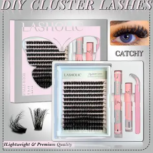 LASHOLIC LASHES 100D 200D Wispy Eyelash Extension Kit Dramatic Lash Clusters Individual Lightweight PBT Fibers Easy Apply Long Lasting Home Use for Beginners
