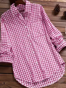 A women's pink plaid collar-check long-sleeved Blouse, suitable for both autumn and winter, and versatile for various occasions.