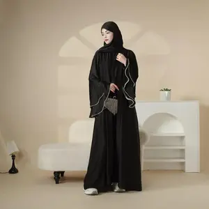 Elegant Satin Crepe Ruffle Sleeve Abaya Set 5-Piece Modest Dress with Belt, Hijab, Inner Dress & Triangle Skirt | Luxurious Full-Length Design, Side Pockets, Customizable Sizes | Perfect for Ramadan, Eid,MOA033