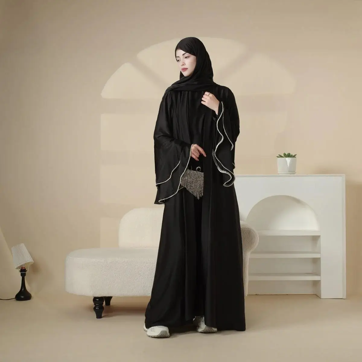 Elegant Satin Crepe Ruffle Sleeve Abaya Set - 5-Piece Modest Dress with Belt, Hijab, Inner Dress & Triangle Skirt | Luxurious Full-Length Design, Side