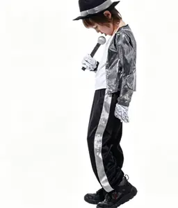 Kids Boys 80s Costume Michael Cosplay Hip Hop Stage Outfits with Matched Hat Gloves Colorblock Letter