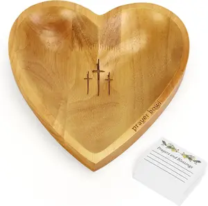 Prayer Bowl with 24 Blessing Cards Wooden Prayer Bowl Rustic Heart Shaped Decor Dough Bowls Christian Gifts for Mom Dad (Light)