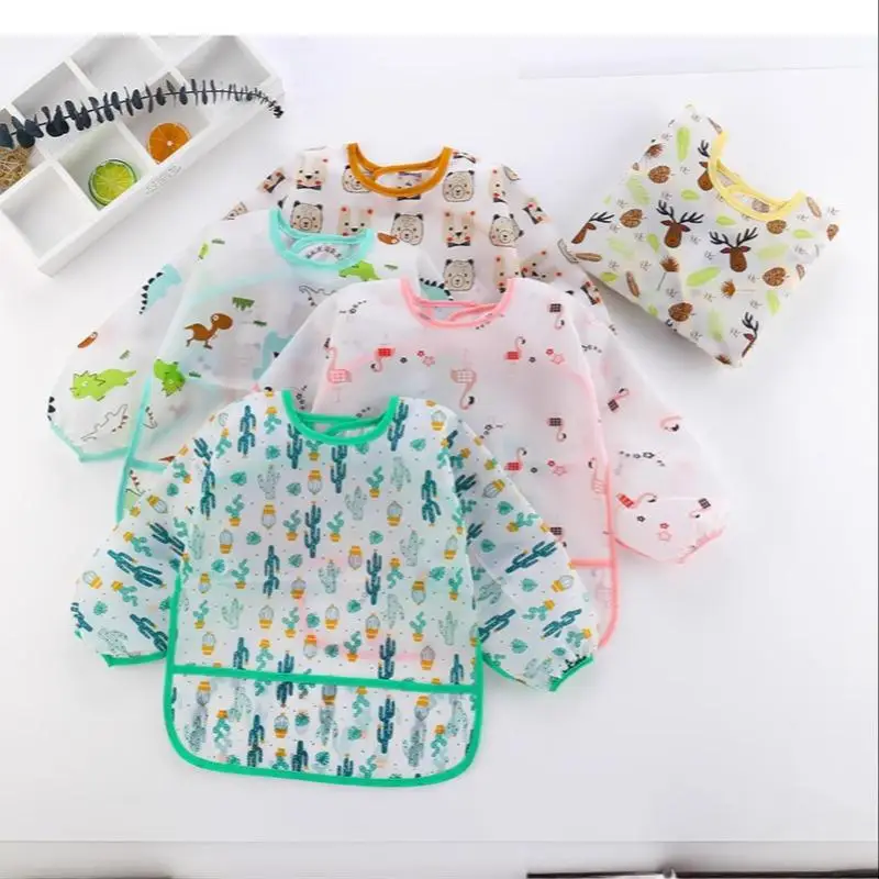 Cartoon Pattern Long Sleeve Bib, 1 Count Adjustable Waterproof Feeding Bib, Baby Bibs for Boys & Girls, Baby Essentials