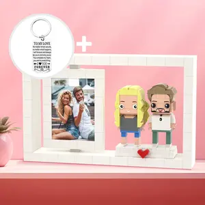 Memorable Gifts for Couple:Customizable 2 People Custom Brick Figures in Photo Frame Small Particle Block with Keychain Set Cute Home Decor for Lover/Family Surprise Your Beloved