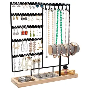 Earring Holder Organizer with Wooden Tray - 5-Tier Jewelry Tower Rack for Earrings, Necklaces, Bracelets, Watches, and Rings Gift Metal