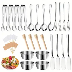 34 Pcs Charcuterie Boards Accessories,Cheese Butter Spreader Knives Set Stainless Steel Spreader Knives Forks Spoons Mini Serving Tongs Small Dipping Bowls Toothpick Flags Utensils,Hand Tools Kits