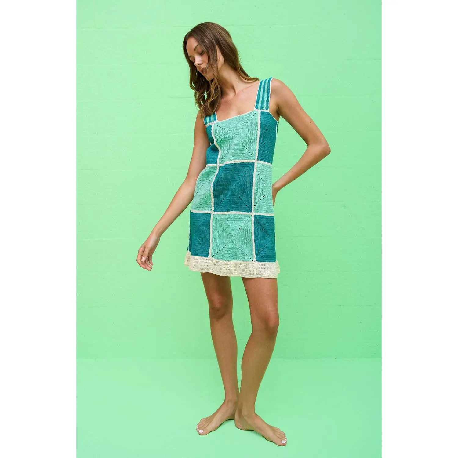 Women's Sleeveless Crochet Checkered Mini Dress, 1-Piece Patchwork Garment, Casual Womenswear, Thick, Knit