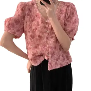 Pink Textured Rose Blouse - Romantic & Feminine Statement Piece with Puffed Sleeves, Soft Pastel Color, Flowy Fabric & Button-Down Front - Elegant, Elegance, Top, Shirts, Gorgeous, Womenswear t shirt