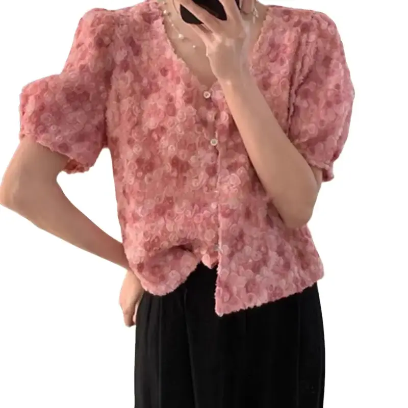 Pink Textured Rose Blouse - Romantic & Feminine Statement Piece with Puffed Sleeves, Soft Pastel Color, Flowy Fabric & Button-Down Front - Elegant, Elegance, Top, Shirts, Gorgeous, Womenswear t shirt