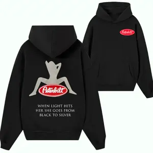 Peterbilt Trucker Girl Hoodie – Reflective Silver Graphic Pullover, Big Rig Driver Sweatshirt for Men, Shimmer Effect Trucking Apparel, Diesel Hauler Gift