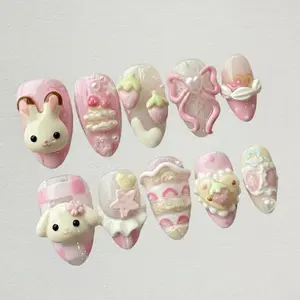 3D Dessert Press On Nails, Kawaii Strawberry Cake Bunny Art