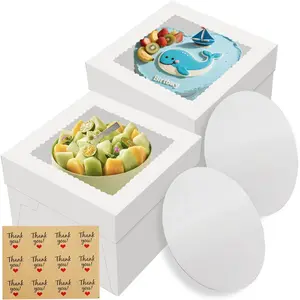 2-Pack 12x12x8 In Disposable Lidded Bakeware Containers with Cake Boards, White Bakery Boxes with Large Window, Kitchen Utensils for Wedding, Birthday Treats Transport