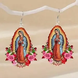Earrings for Women Virgen Style Jewelry with Bling Stylish Accessory in Gold Tone and Multicolor Stones Featuring Virgin Mary Design