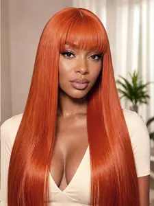 Women's Red Orange Human Hair Wig With Bangs,5x5 Glueless Lace  Orange Sliky Long Straight,  Ready to Wear,  Lightweight Breathable Cap for Daily Outings and Social Moments