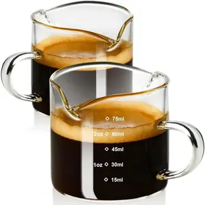 Espresso Cup with Handle set of 2, Double Spout Glass Measuring Cup with Dual Scale, Espresso Shot Glass with V-Shaped Mouth, Clear Glass Milk Frothing Pitcher, Espresso Accessories Kitchen Utensils
