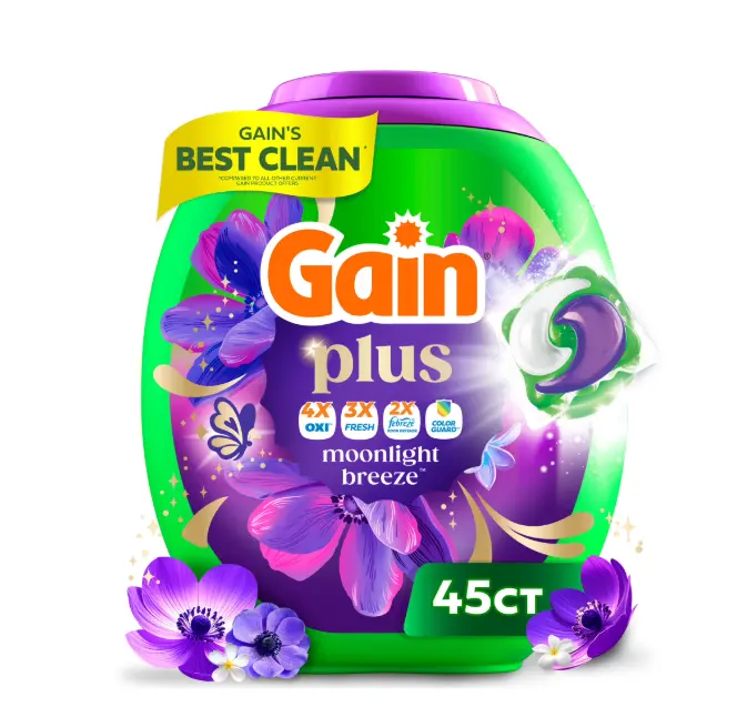 Gain Plus Flings Laundry Detergent Liquid Washing Pacs, Gain's Best All-In-One Clean, Moonlight Breeze Scent, 45 Count