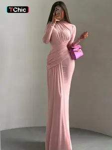 Elegant Women's Pleated Round Neck Long Sleeve Knitting Casual Vintage Maxi Dress Fit, Perfect for Parties and Gatherings, Stylish and Timeless Fashion, Womenswear
