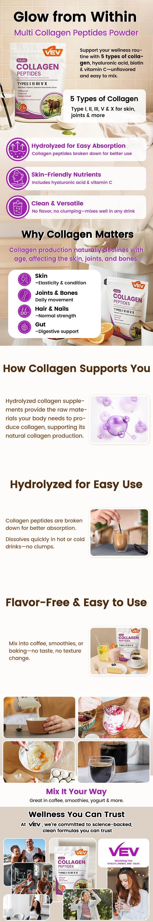 VEV Multi Collagen Peptides Powder, 16 oz (41 Servings) – Type I, II, III, V, X, Hydrolyzed Collagen, Hyaluronic Acid Power, Biotin, Vitamin C, Supports Skin, Unflavored, Dissolves Easily, 1 Pound