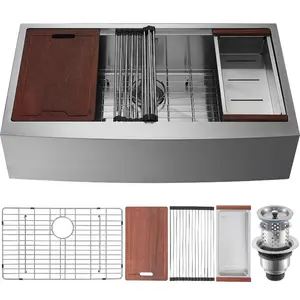 36 in 304 Stainless Steel Drop-In Top-Mount Single Bowl Farmhouse Kitchen Sink with Ledge Accessories Set, Workstation & Prep Kitchen Hand Tool Sink