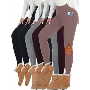[High Waist] [Thermal Fleece Yoga Pants] 5 Pack Women's Thermal Fleece Lined High Waisted Yoga Pants with Pockets - Thick Winter Warm Leggings, Full-Length Tights for, Running, Gym & Outdoor Activities - Soft Snug Fit (Non-) - 5pcs Bulk Pac faux wool top