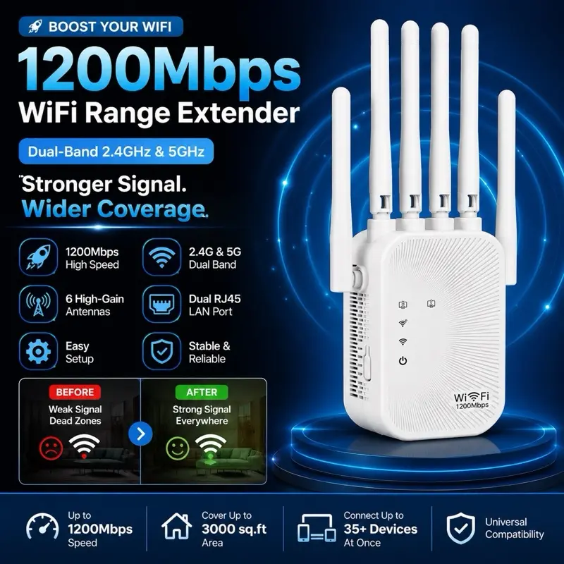 WiFi Range Extender 1200Mbps Dual Band 2.4GHz & 5GHz Signal Booster with 6 High-Gain Antennas