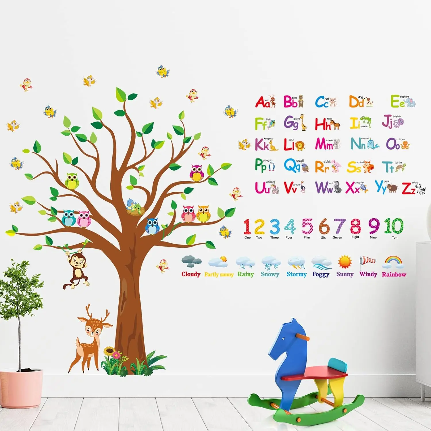 F-WPA04 4-Sheet Smooth Flat Vinyl Reflective Number & Alphabet ABC Decorative Wall Decals - with Weather Tree & Animal Stickers, Photo-Worthy Door Decor for Kids Bedroom, Easter, Labor Day, 4Th Of July