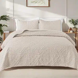 King Size Bedspread with 2 Pillow Shams, Lightweight Brich Beige King Bedding Set with Vintage Damask Pattern, Soft Bedspreads Coverlets for All