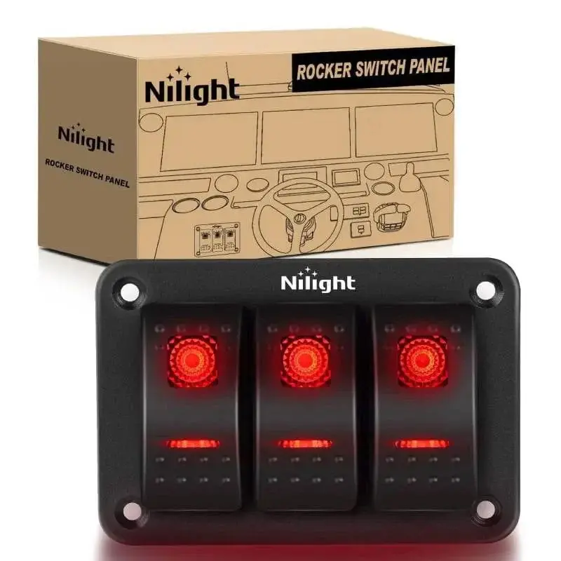 Nilight Backlighted 3-Gang Aluminum 5-Pin Pre-Wired Non-Wi-Fi Cord Rocker Switch Panel, Universal Use, Red, Non-Wi-Fi Cord Switches