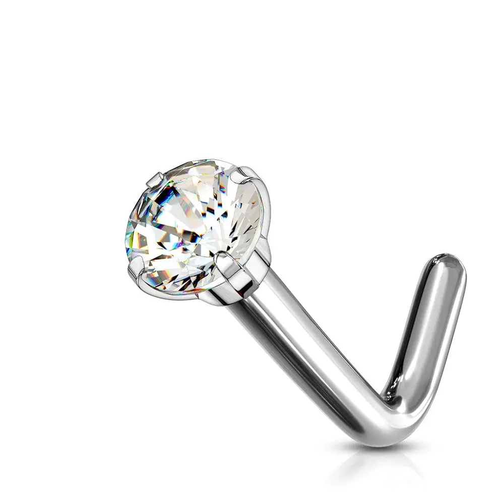 Fifth Cue Solid Titanium L Bend Nose Stud with 3mm Prong Set Gem