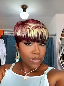 Women's Glueless Ombre Pixie Cut Human Hair Wig, to Blonde Gradient, 150% Density, Short Layered Bangs, Comfortable Everyday Party Wig, Natural Looking Wig, Pixie Wigs