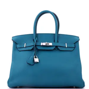 Pre-owned HERMÈS Leather Tote Bags REBAG Hermes Birkin Handbag Bleu Izmir Clemence with Palladium Hardware 35 by Rebag