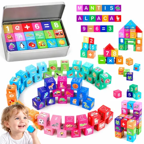 deAO Magnetic Building Blocks for Kids Ages 3-8, 52PCS Magnetic Blocks Set with Letters, Numbers, Animals, Vehicles & Shapes, STEM Educational Learning Toys, Creative Construction Building Kit for Boys Girls