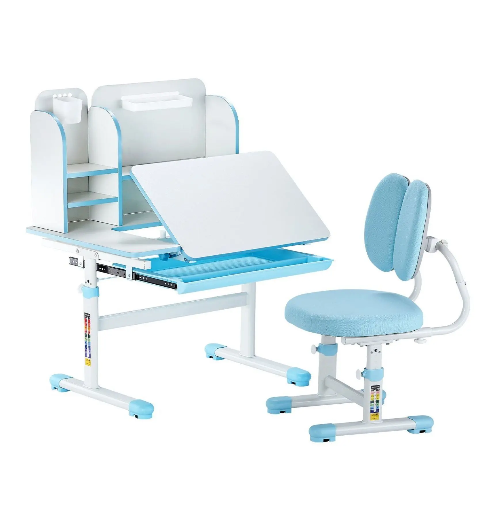 Kids Study Desk and Chair Set, Adjustable Height Desk with Bookshelf & Drawer - Blue 20.5-43.5 inch