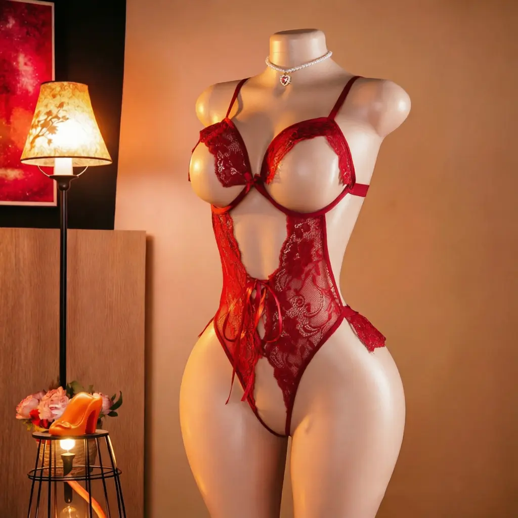 Women's Sheer Mesh Floral Lace Teddy Bodysuit - Deep V-Neck 1-Piece Lingerie, Mini Babydoll Nightdress Sleepwear