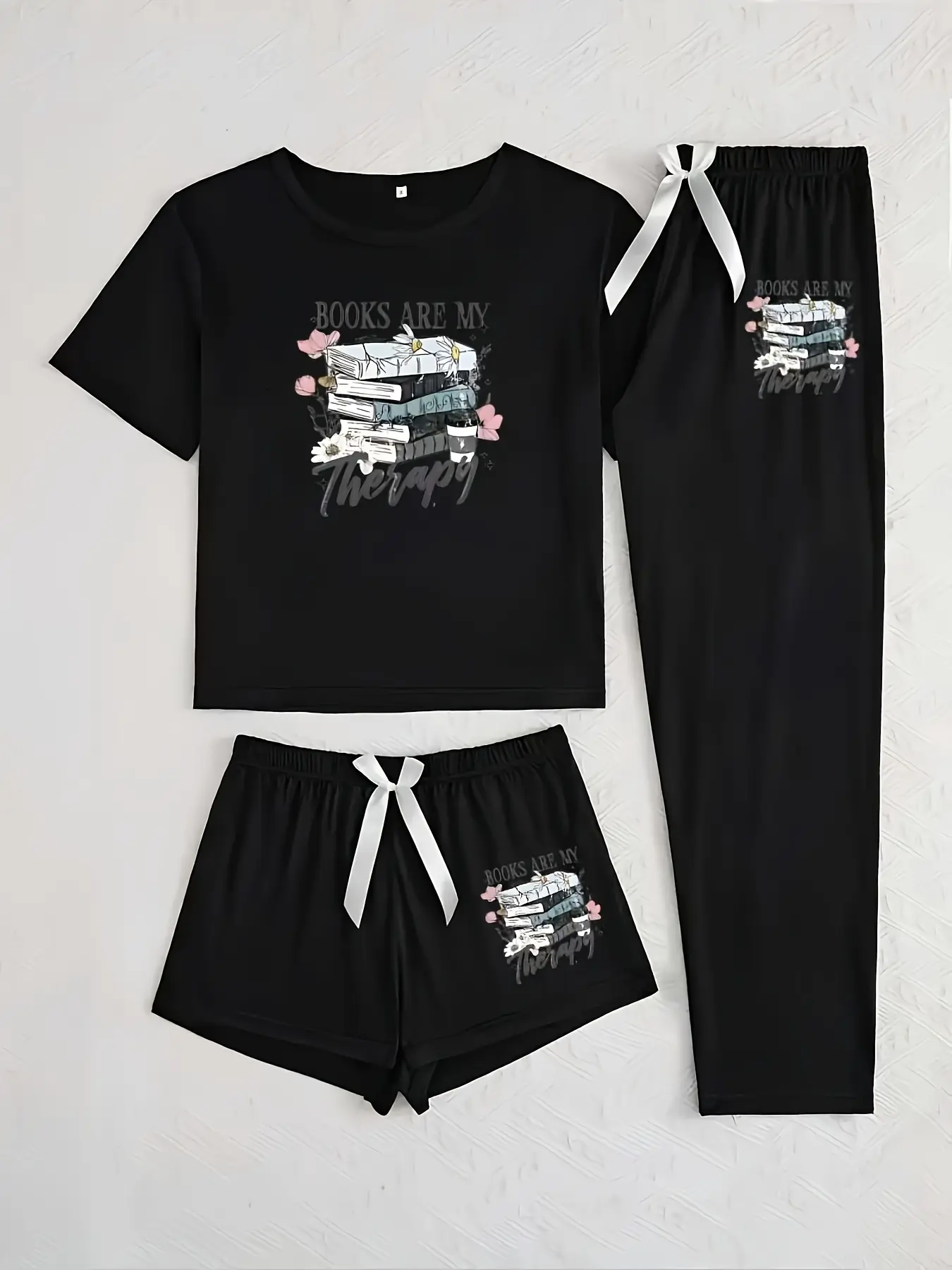Women's Book-Print Three-Piece Sleepwear Set, Casual Fitted Pajama Suit with Shorts, Cute All-Season Loungewear Nightwear Pjs, Nightwear Outfit