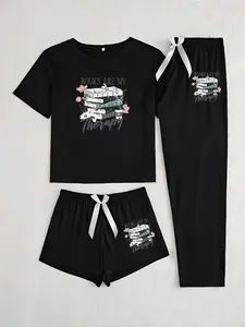 Women's Book Print Sleepwear Set, Casual Fitted Three-Piece Pajama Suit, All-Season Comfortable Nightwear for Women, Cute Loungewear