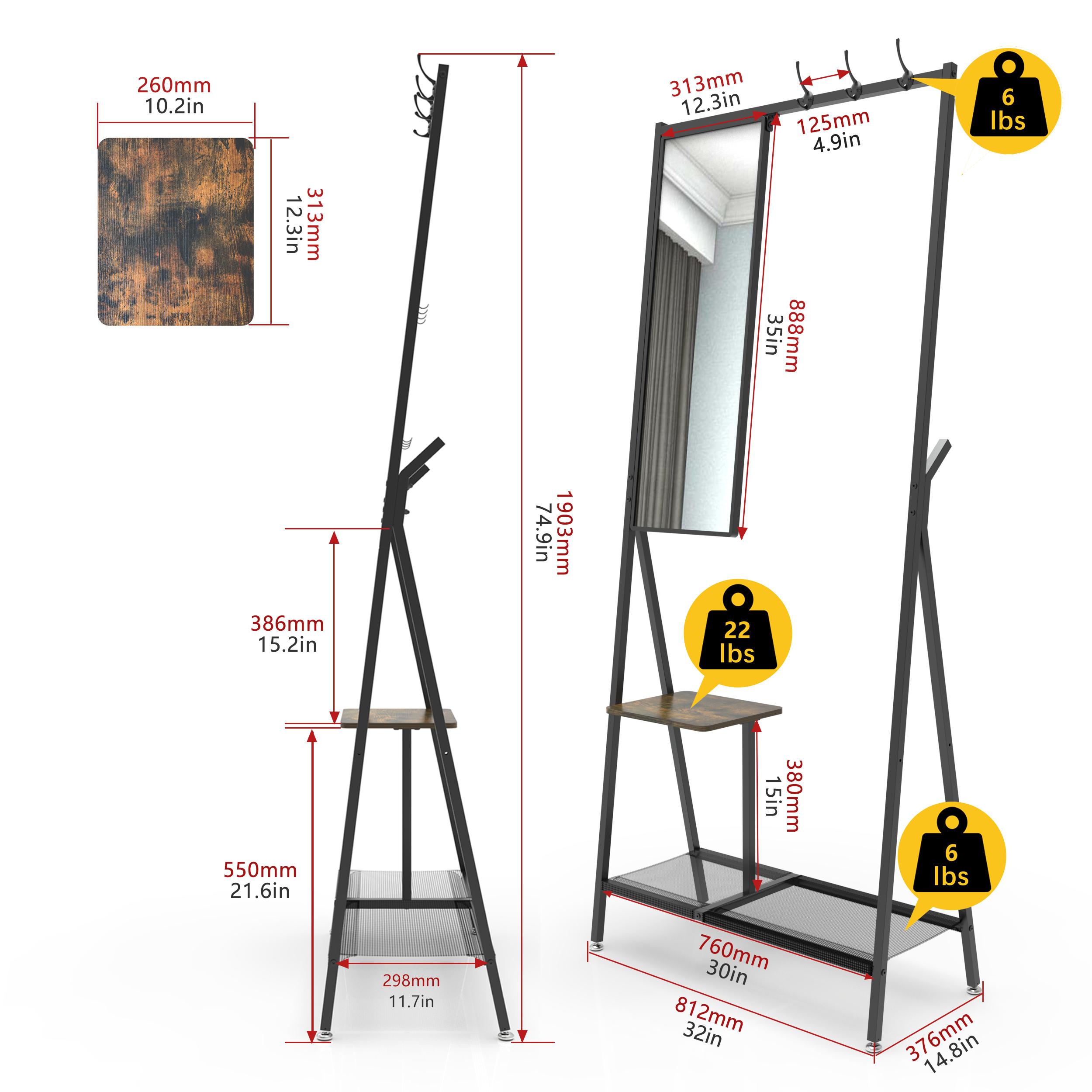 CoatRackwithMirror-MultifunctionalHallTreewithShoeStorage,MetalFrame73"TallIndustrialStyleRusticBrownBlackforEntrywayLivingRoomBedroom,SpaceSavingWallMountedFreestandingOrganizerFurnitureforApartmentDormEssentials