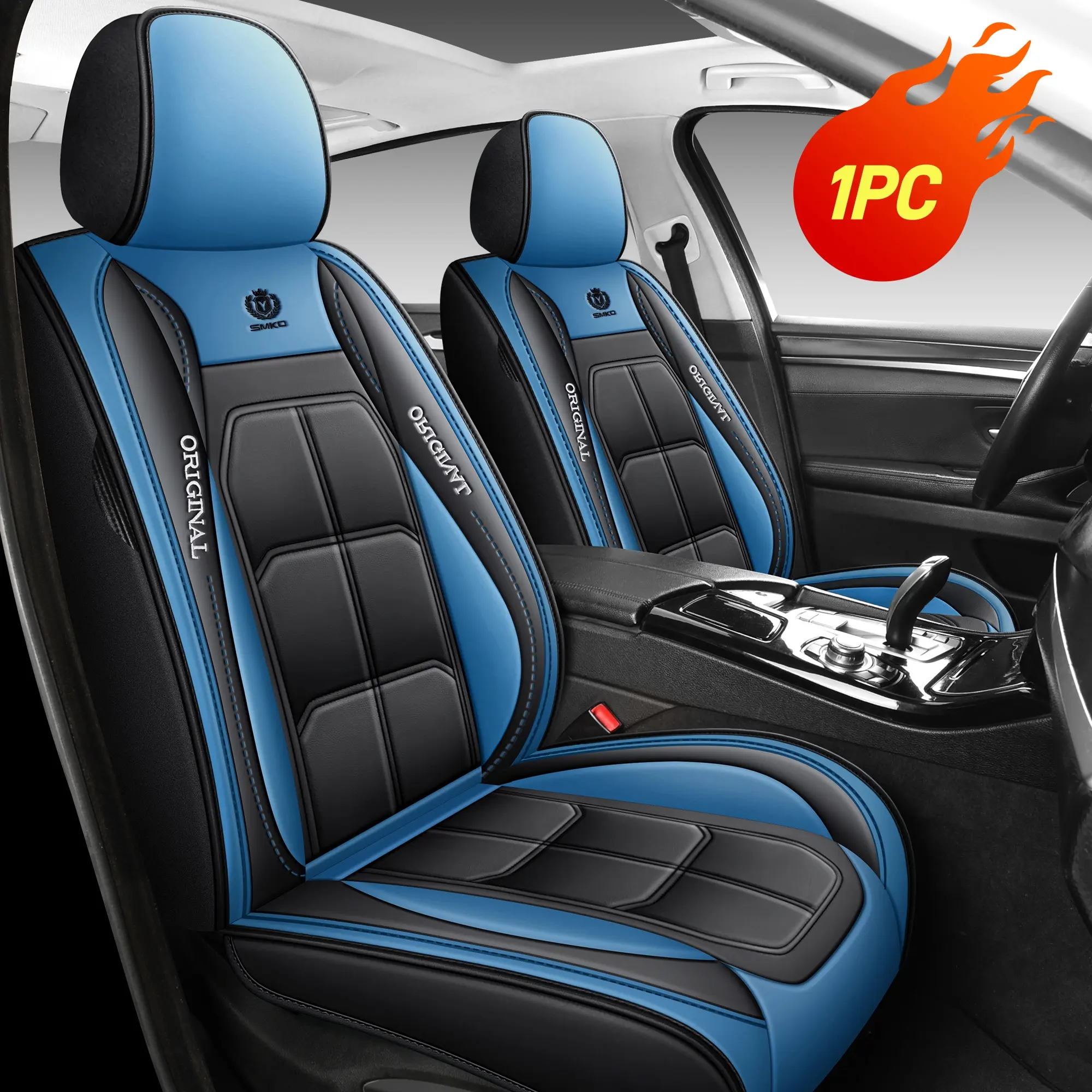 Leather Car Seat Covers, Stretch-Fit Colorblock Blue-Black Automotive Accessories, Sporty Full Surround Car-Compatible Seat Cushions with Full Protection