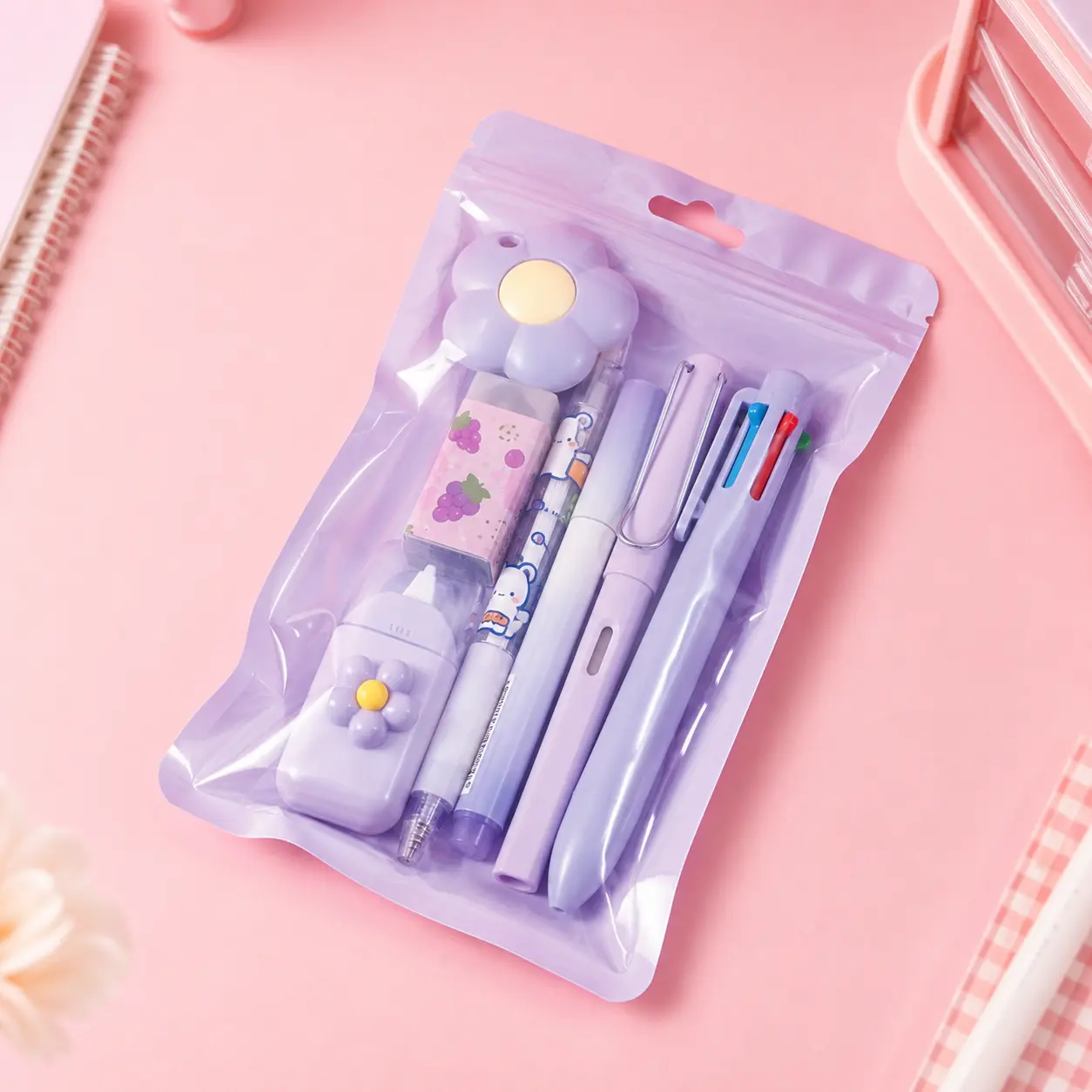 Purple Stationery Set with Clear Zipper Pouch, Cute Writing Supplies Kit for School Study Desk Office and Small Item Storage