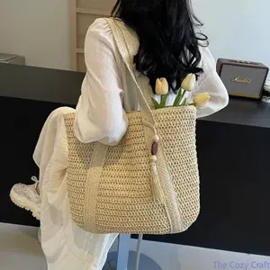 Summer Straw Beach Tote Bag for Women, Large Capacity Woven Handbag, Chic Handmade Crochet Shoulder Bag, Stylish Natural Rattan Purse, Casual Vacation Travel Bag with Boho Charm