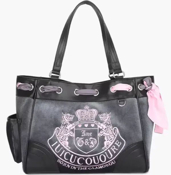 Women's Casual Tote Bag in Color-Block with Badge Print, Pink Scarf Accent, and Drawstring Side Pocket, Color-Blocked Badge Print, Everyday Commuter, Pink Scarf Decoration