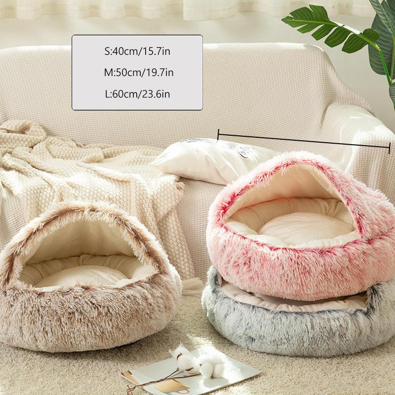 Half-Enclosed Cat Bed with Cover, Soft Pet Dog Bed, Autumn Winter Warm Short Plush Pet Bed for Dogs and Cats, PP Cotton Fabric, Bed Built Kennel