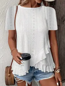 Women's Casual Style Breathable Hem Short Sleeve Top, Summer Ventilated Women's Clothing, Irregular Hem Design, Daily Comfort Wear, Womenswear, Shirts