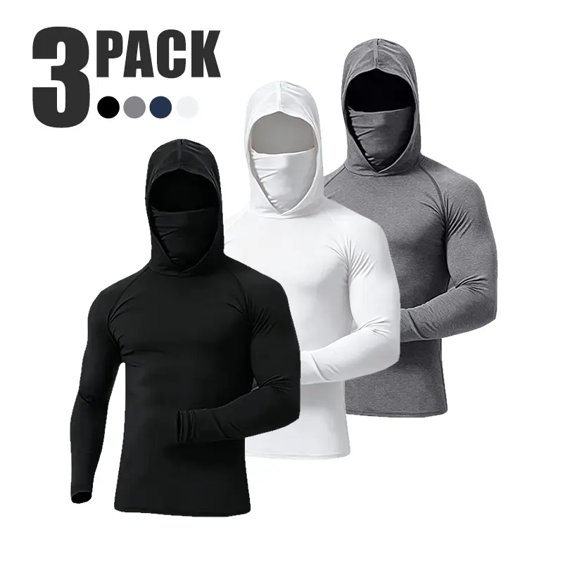 Clean Gent 3-pack summer casual slim-fit solid-color hooded sweatshirt with integrated mask; quick-drying, breathable long sleeves; suitable for construction work and fishing; men’s hooded sweatshirt with mask; Father’s Day gift 2026