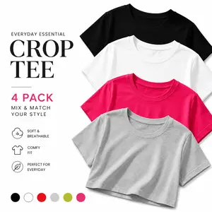 4 Pack Cotton Crop Tee Set for Women – Soft Basic Baby Tees, Y2K Summer Outfits, Trendy Casual Streetwear Tops, Viral TikTok Fashion oversized tshirt