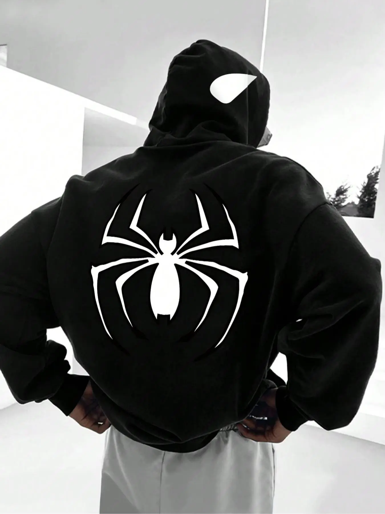 Men's Plain/cartoon Spider Print Drop Shoulder Long Sleeve Thermal Lined Fabric Street Fashion Hoodie, Fashion Casual Regular Fit Drawstring Pocket Hooded Sweatshirt for Daily Holiday Outdoor Wear, Men Clothes for Fall & Winter