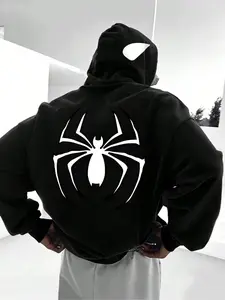 Men's Plain/cartoon Spider Print Drop Shoulder Thermal Lined Hoodie, Fashion Casual Regular Fit Drawstring Pocket Hooded Sweatshirt for Daily Holiday Outdoor Wear, Men Clothes for Fall & Winter
