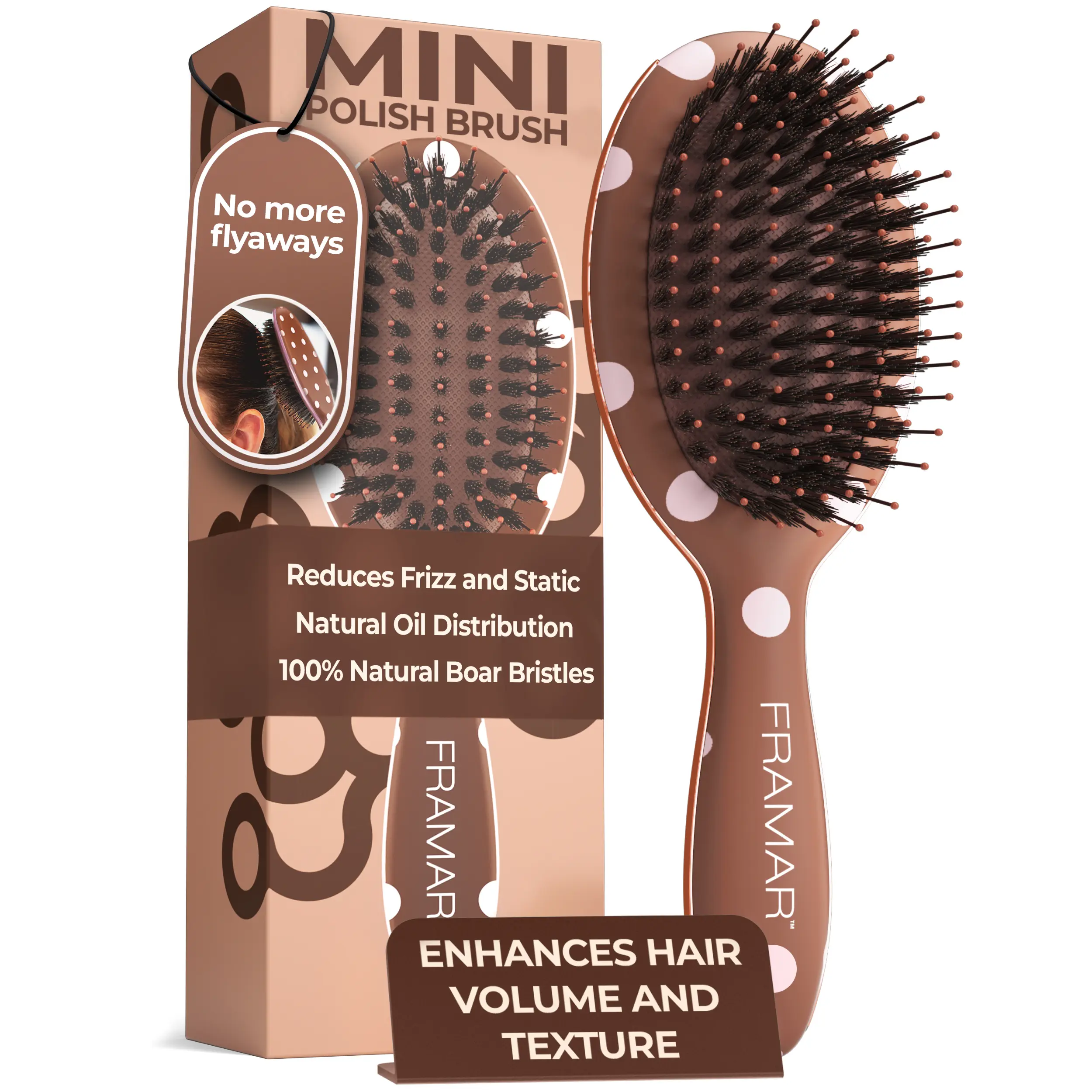 FRAMAR Small Boar Bristle Hair Brush For Women, Mini Hair Brush For Purse, Boar Bristle Slick Back Brush, Travel Size Boar Bristle Brush, Small Hair Brush, Adds Volume & Shine, Chocolate Polka Dots