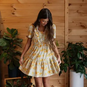 Soft Yellow Floral Dress with Short Sleeves and A-Line Silhouette for Women