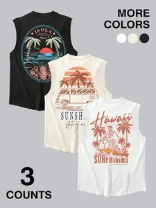 🏄‍♂️🌺3 Pack Retro Hawaii Surf Casual Tank Tops | Vintage Beach Sunset & Palm Tree Graphic Sleeveless Shirts | Summer Vacation Vibes Tops